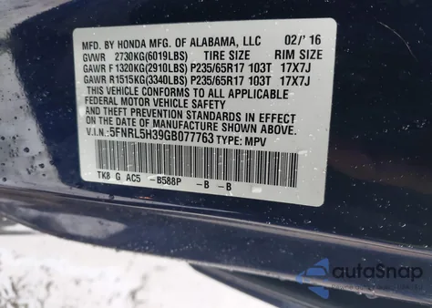 2016 Honda Odyssey Se из США, поврежденный, VIN 5FNRL5H39GB077763